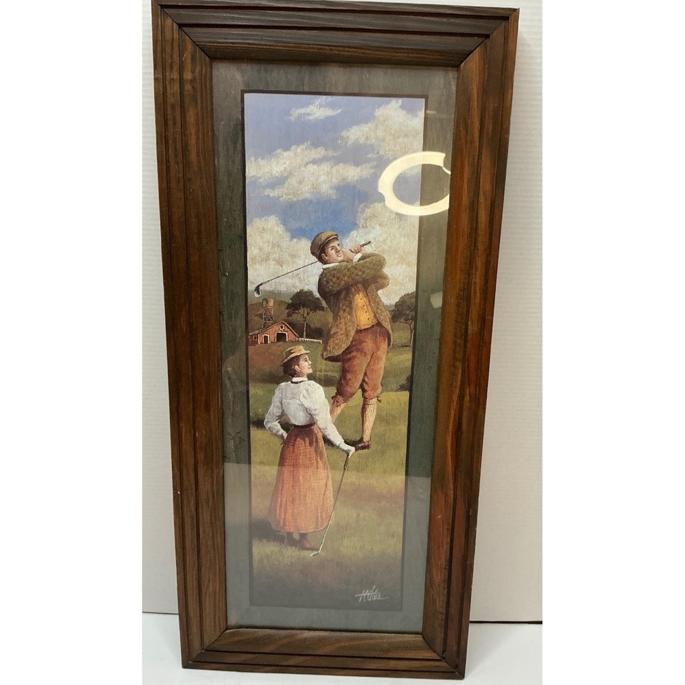 Vintage Framed Golf Art Print Signed Victorian Couple Wood Frame 22x10 Tradition